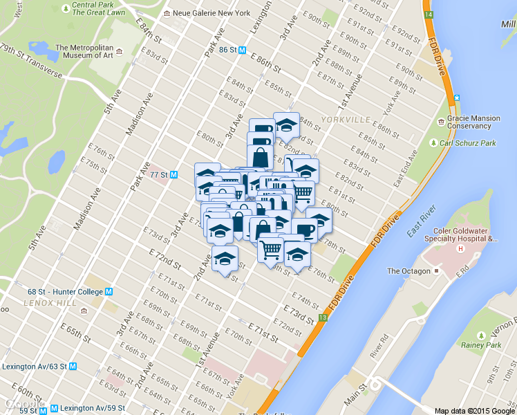 map of restaurants, bars, coffee shops, grocery stores, and more near 345 East 77th Street in New York