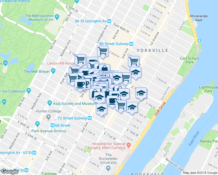 map of restaurants, bars, coffee shops, grocery stores, and more near 1460 2nd Avenue in New York