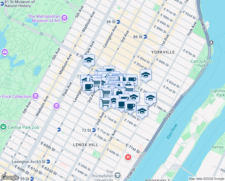 map of restaurants, bars, coffee shops, grocery stores, and more near 1460 2nd Avenue in New York