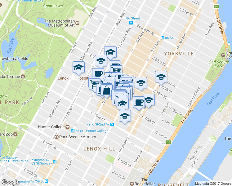 map of restaurants, bars, coffee shops, grocery stores, and more near in New York