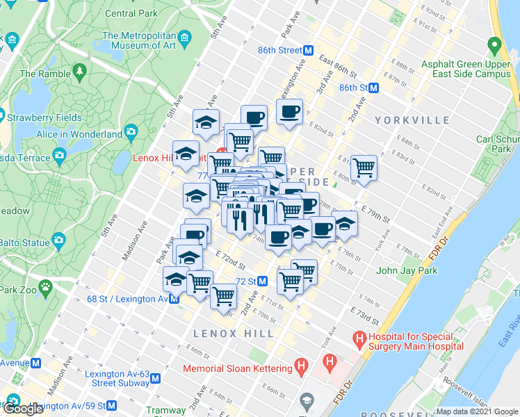 map of restaurants, bars, coffee shops, grocery stores, and more near in New York