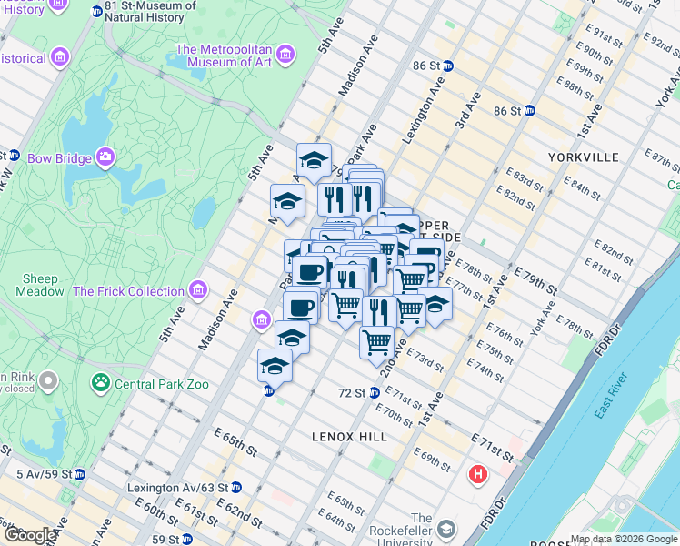 map of restaurants, bars, coffee shops, grocery stores, and more near 161 East 74th Street in New York