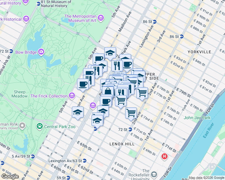 map of restaurants, bars, coffee shops, grocery stores, and more near 125 East 73rd Street in New York