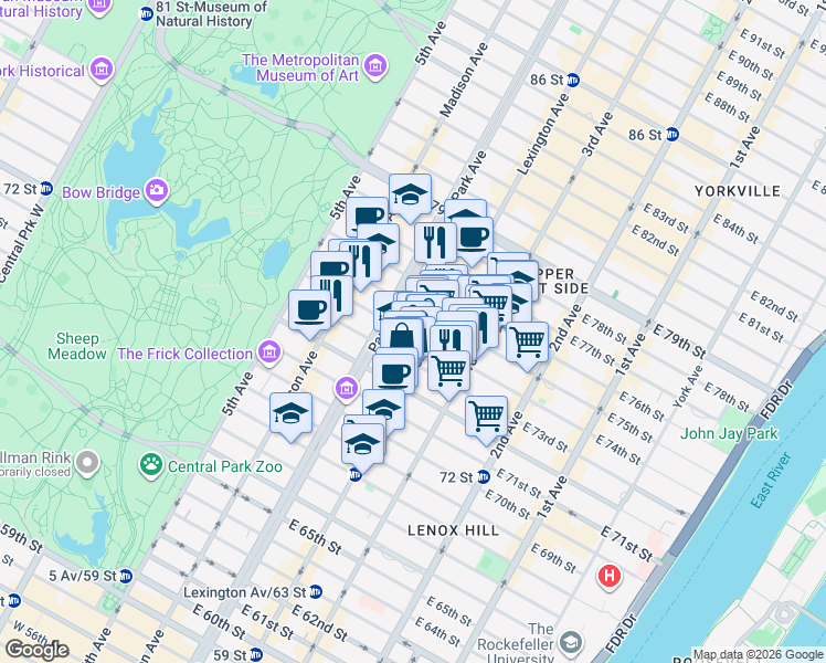 map of restaurants, bars, coffee shops, grocery stores, and more near 125 East 73rd Street in New York