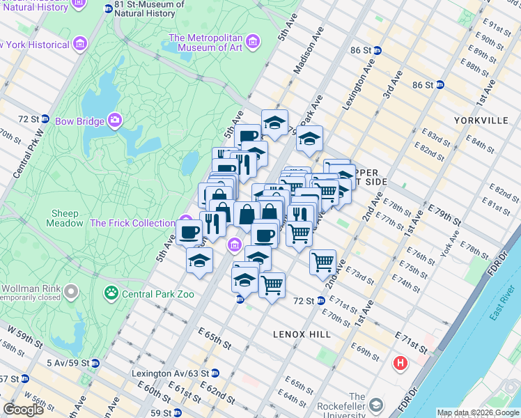 map of restaurants, bars, coffee shops, grocery stores, and more near 773 Park Avenue in New York