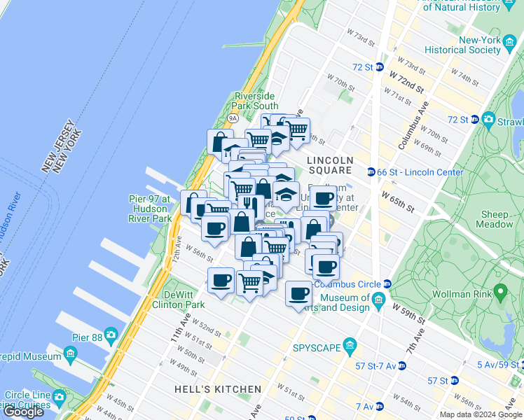 map of restaurants, bars, coffee shops, grocery stores, and more near 238 West 60th Street in New York