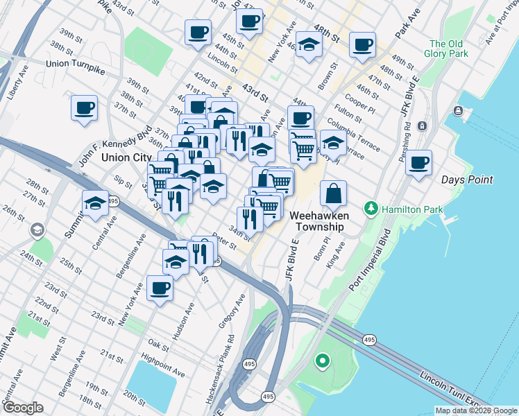 map of restaurants, bars, coffee shops, grocery stores, and more near 118 35th Street in Union City
