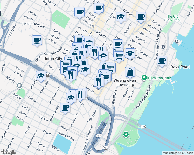 map of restaurants, bars, coffee shops, grocery stores, and more near 118 35th Street in Union City