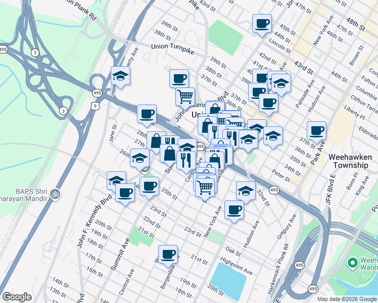 map of restaurants, bars, coffee shops, grocery stores, and more near 701 29th Street in Union City
