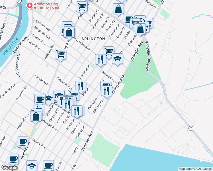 map of restaurants, bars, coffee shops, grocery stores, and more near 580 Davis Avenue in Kearny