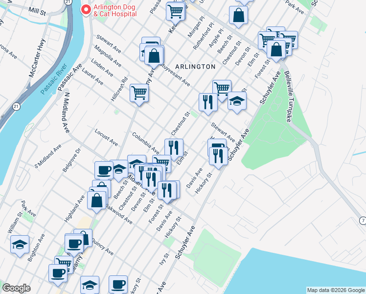 map of restaurants, bars, coffee shops, grocery stores, and more near 540 Elm Street in Kearny