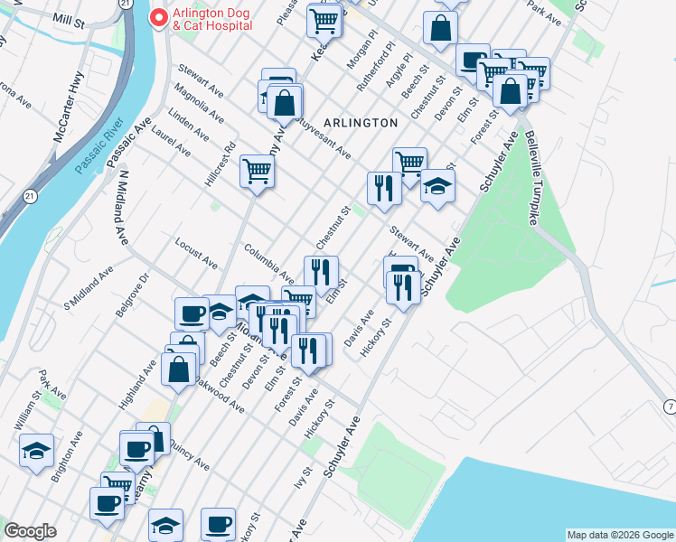 map of restaurants, bars, coffee shops, grocery stores, and more near 540 Elm Street in Kearny