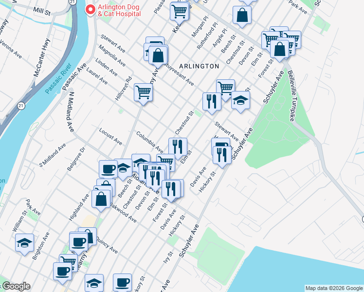 map of restaurants, bars, coffee shops, grocery stores, and more near 540 Elm Street in Kearny