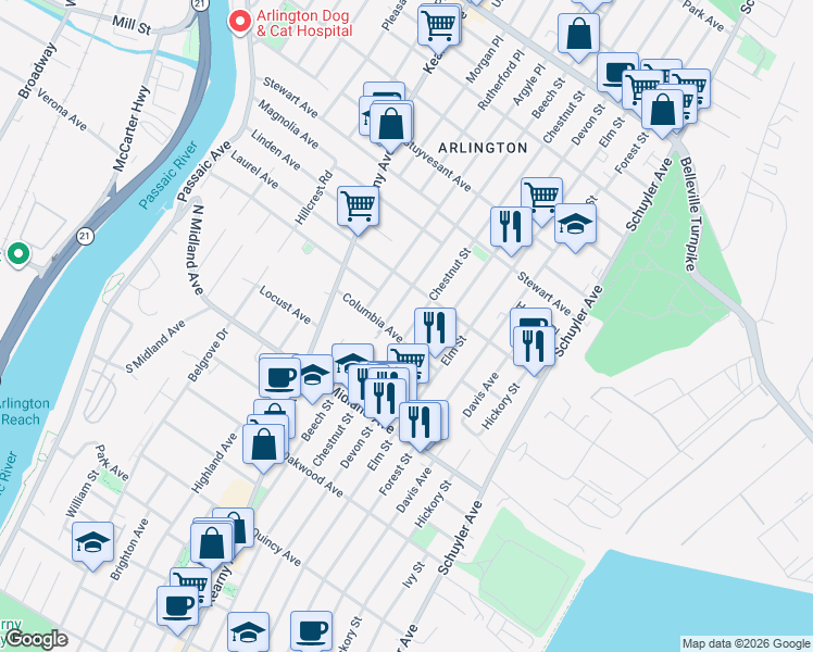 map of restaurants, bars, coffee shops, grocery stores, and more near 643-645 Devon Street in Kearny