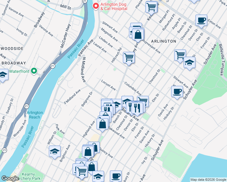 map of restaurants, bars, coffee shops, grocery stores, and more near in Kearny