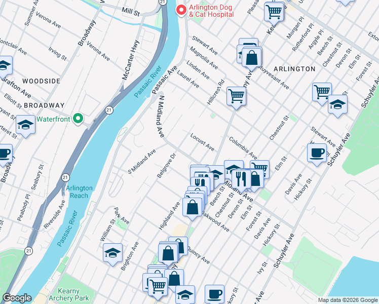 map of restaurants, bars, coffee shops, grocery stores, and more near 53 Midland Avenue in Kearny