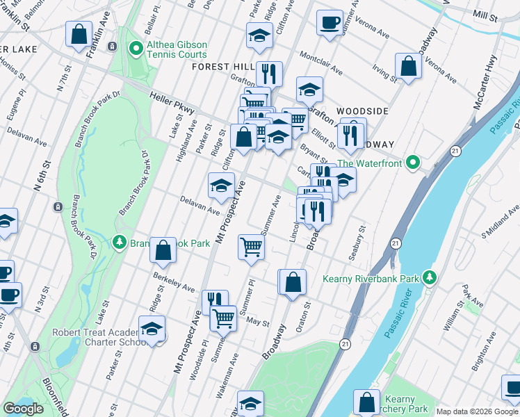 map of restaurants, bars, coffee shops, grocery stores, and more near 173 Delavan Avenue in Newark