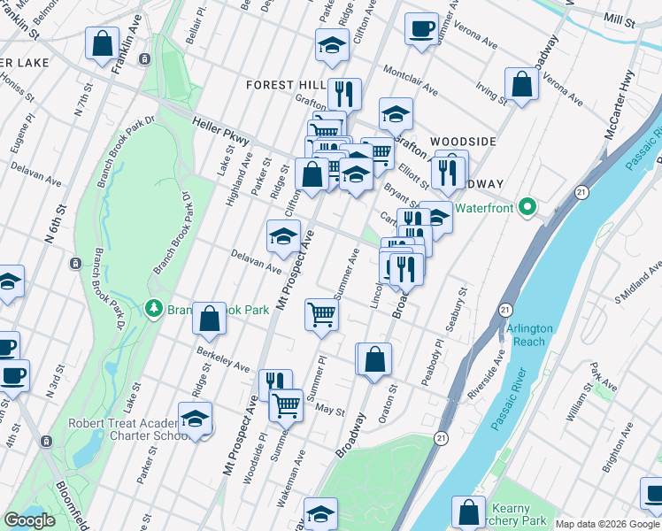 map of restaurants, bars, coffee shops, grocery stores, and more near 173 Delavan Avenue in Newark
