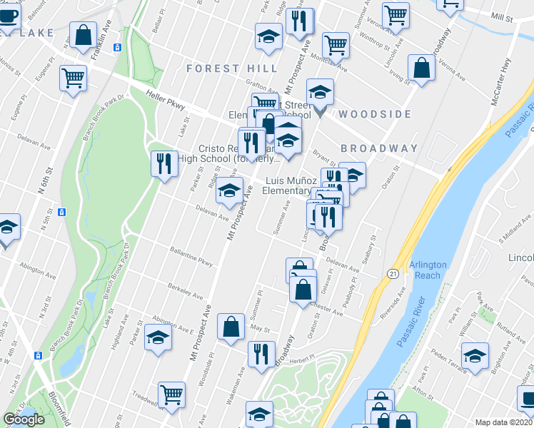 map of restaurants, bars, coffee shops, grocery stores, and more near 173 Delavan Avenue in Newark