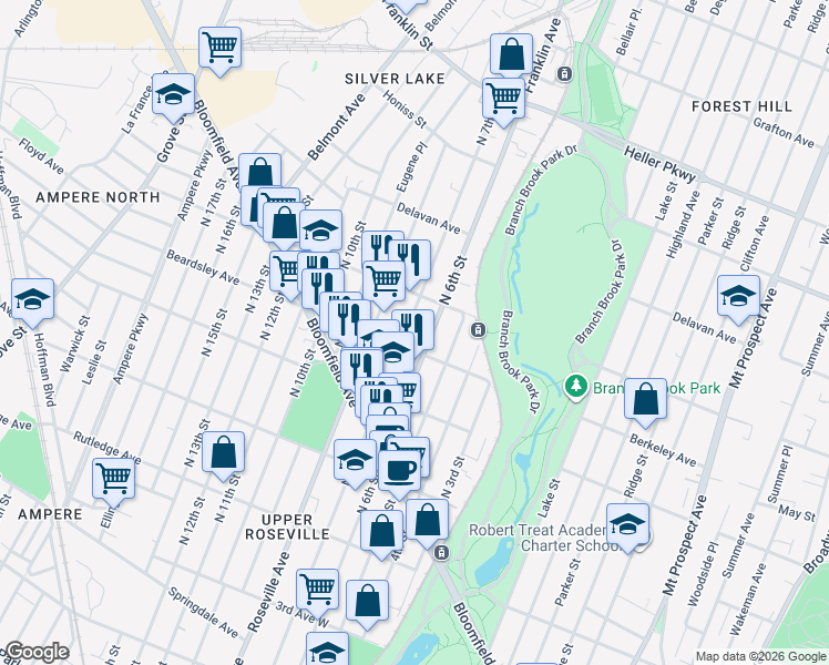 map of restaurants, bars, coffee shops, grocery stores, and more near 212 Berkeley Avenue in Newark