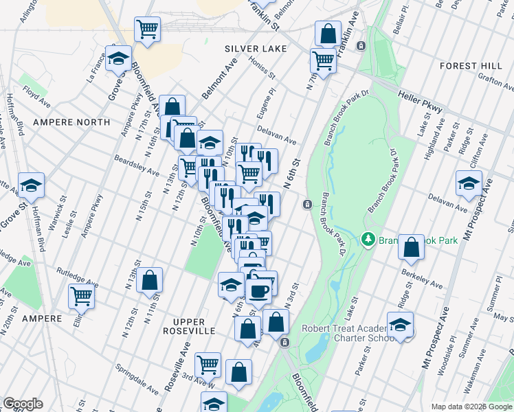map of restaurants, bars, coffee shops, grocery stores, and more near 212 Berkeley Avenue in Newark