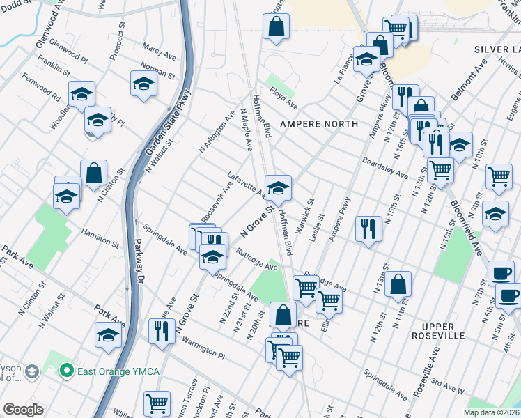 map of restaurants, bars, coffee shops, grocery stores, and more near 550 North Grove Street in East Orange