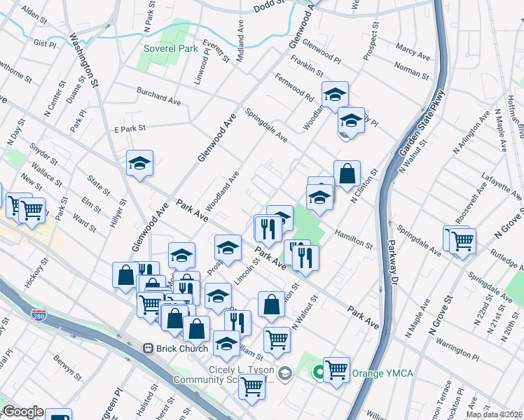 map of restaurants, bars, coffee shops, grocery stores, and more near 180 Prospect Street in East Orange