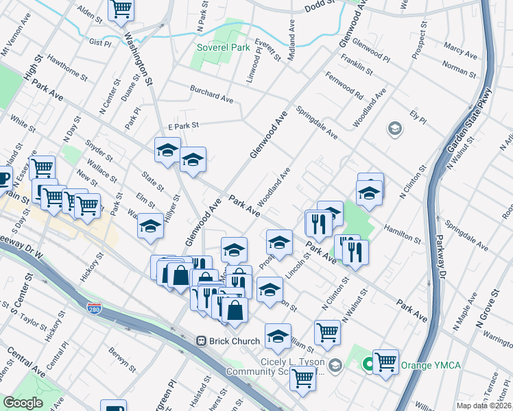map of restaurants, bars, coffee shops, grocery stores, and more near in East Orange