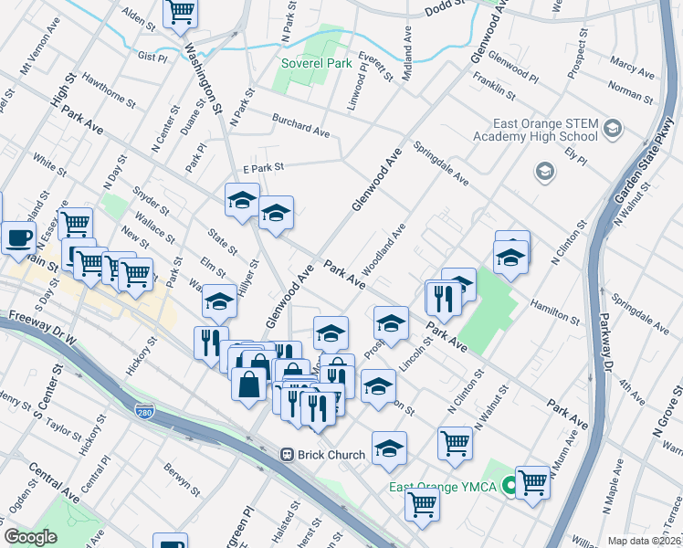 map of restaurants, bars, coffee shops, grocery stores, and more near 22 Chelsea Place in East Orange