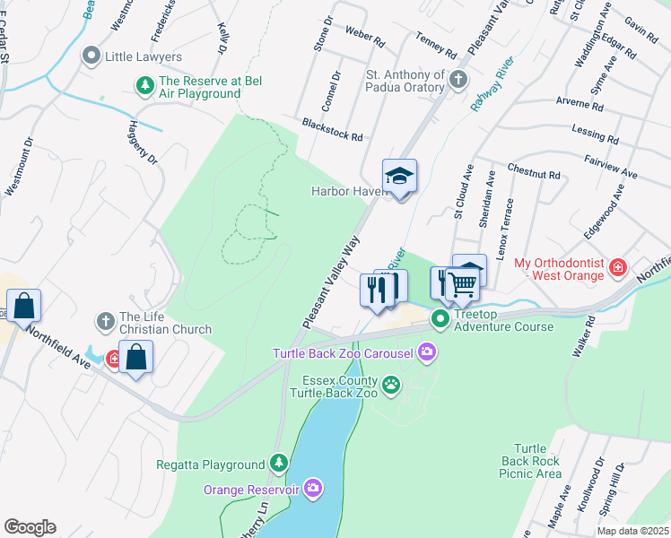 map of restaurants, bars, coffee shops, grocery stores, and more near 1480 Pleasant Valley Way in West Orange