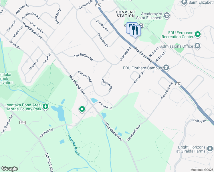 map of restaurants, bars, coffee shops, grocery stores, and more near 18 Pippins Way in Morristown