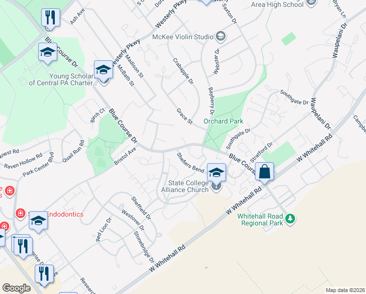 map of restaurants, bars, coffee shops, grocery stores, and more near 3113 Shellers Bend in State College