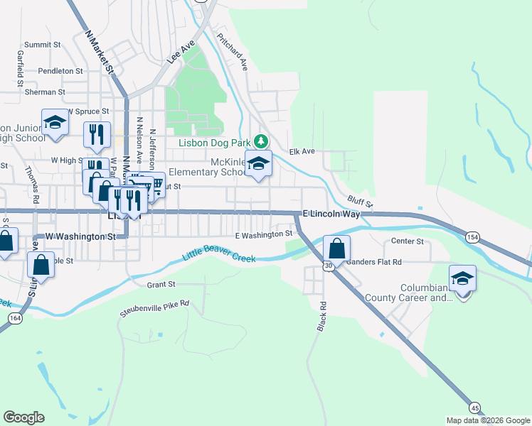 map of restaurants, bars, coffee shops, grocery stores, and more near 527 East Washington Street in Lisbon