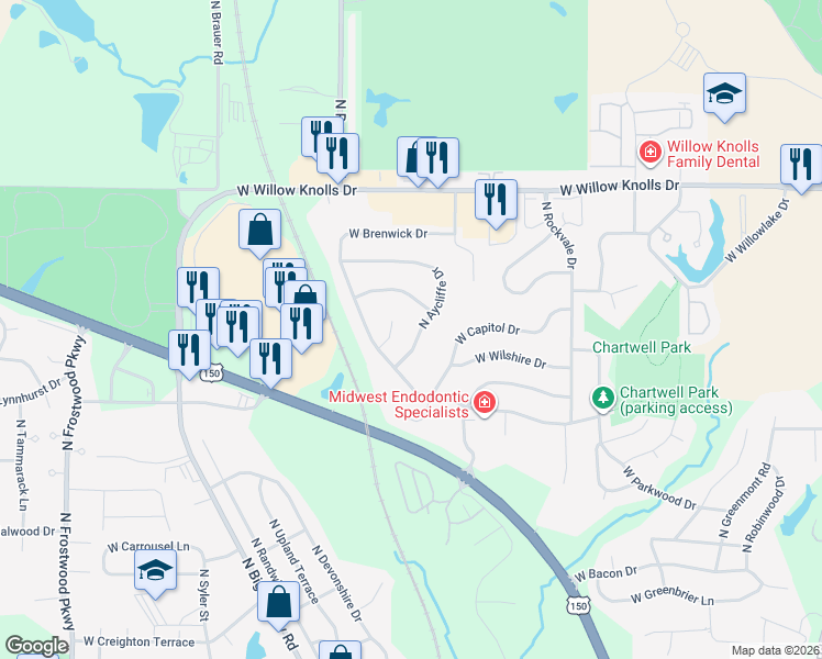 map of restaurants, bars, coffee shops, grocery stores, and more near 6820 North Aycliffe Drive in Peoria
