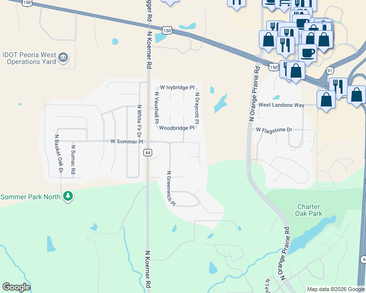 map of restaurants, bars, coffee shops, grocery stores, and more near 6814 North Greenwich Place in Peoria