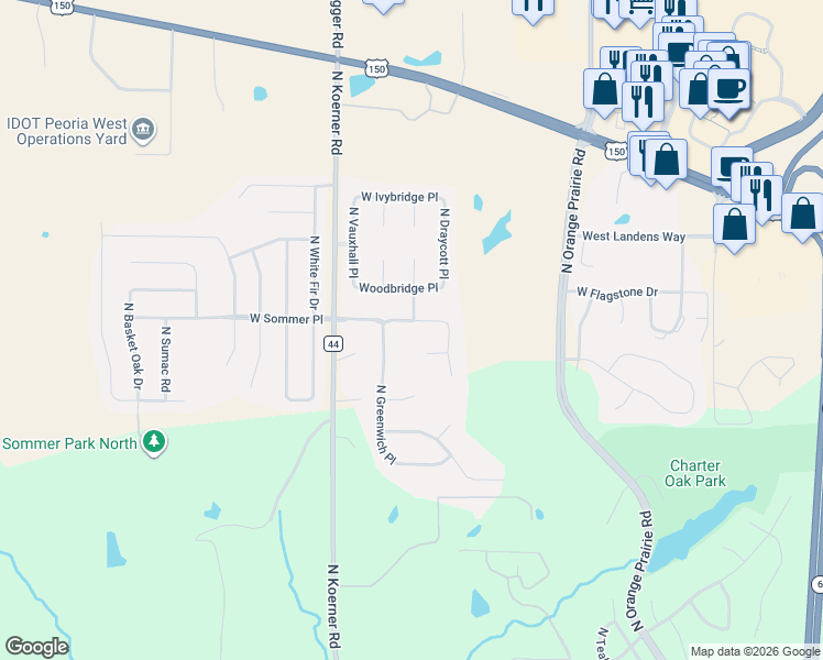 map of restaurants, bars, coffee shops, grocery stores, and more near 6814 North Greenwich Place in Peoria