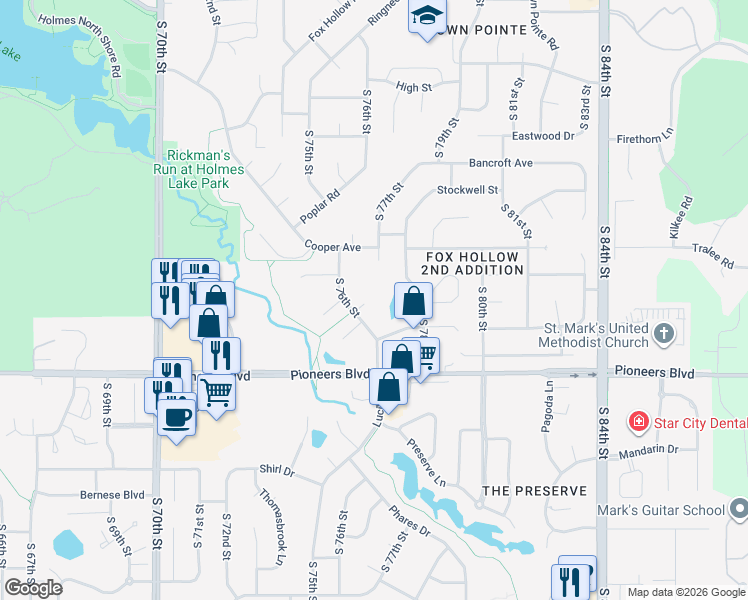 map of restaurants, bars, coffee shops, grocery stores, and more near 7601 Silver Circle in Lincoln