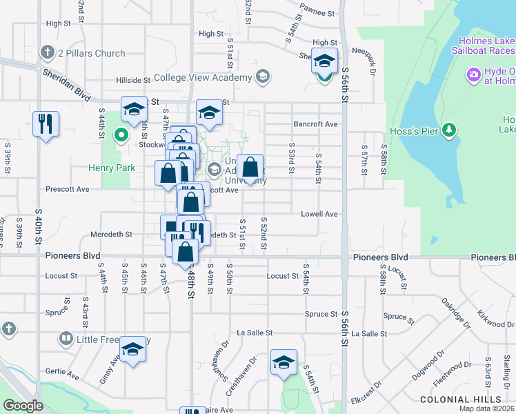 map of restaurants, bars, coffee shops, grocery stores, and more near 4103 South 52nd Street in Lincoln