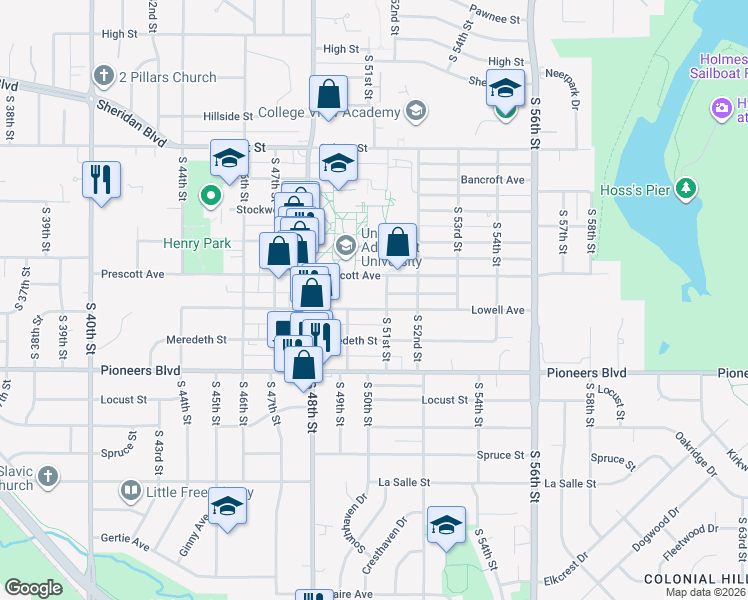 map of restaurants, bars, coffee shops, grocery stores, and more near 4101 South 51st Street in Lincoln