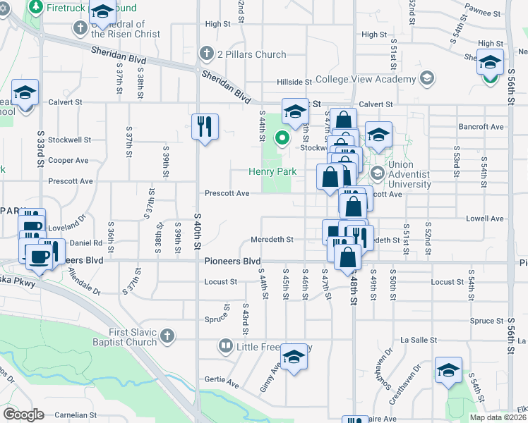 map of restaurants, bars, coffee shops, grocery stores, and more near 4111 South 44th Street in Lincoln