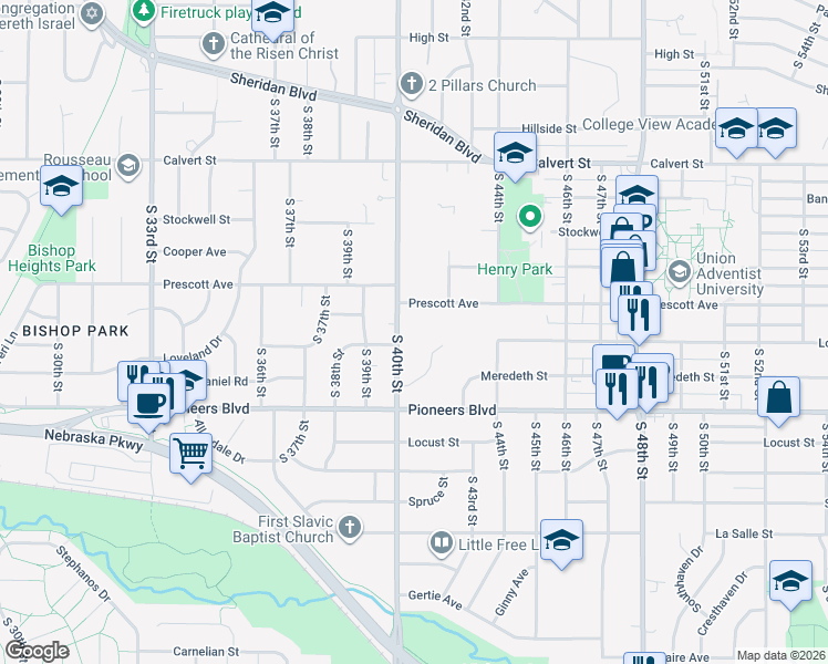 map of restaurants, bars, coffee shops, grocery stores, and more near 4126 South 40th Street in Lincoln