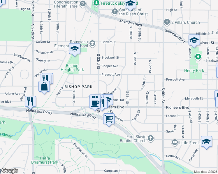 map of restaurants, bars, coffee shops, grocery stores, and more near 3330 Loveland Drive in Lincoln