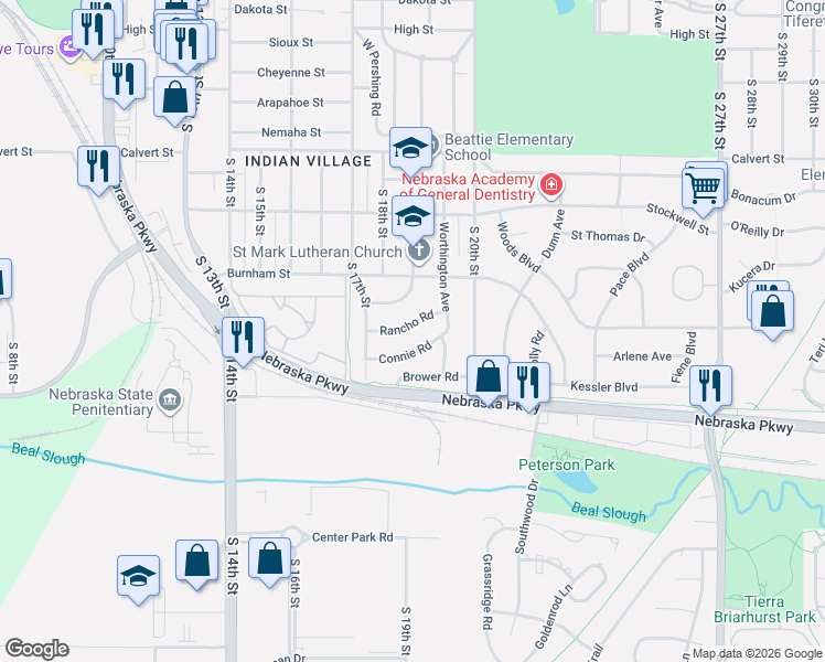 map of restaurants, bars, coffee shops, grocery stores, and more near 1834 Connie Road in Lincoln