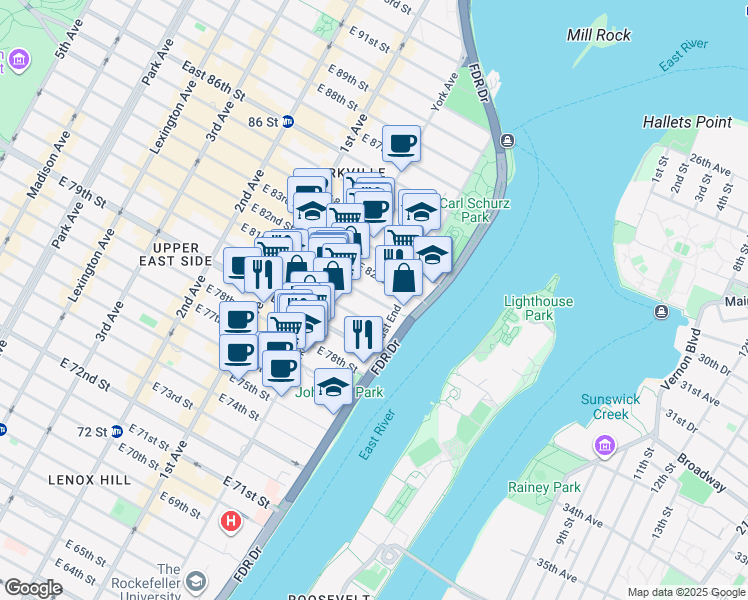 map of restaurants, bars, coffee shops, grocery stores, and more near 536 East 81st Street in New York