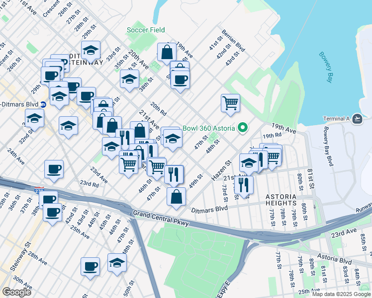 map of restaurants, bars, coffee shops, grocery stores, and more near 46-23 21st Avenue in Queens