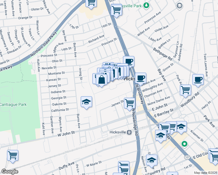 map of restaurants, bars, coffee shops, grocery stores, and more near 358 Broadway Mall in Hicksville