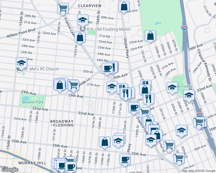 map of restaurants, bars, coffee shops, grocery stores, and more near 27-40 170th Street in Queens