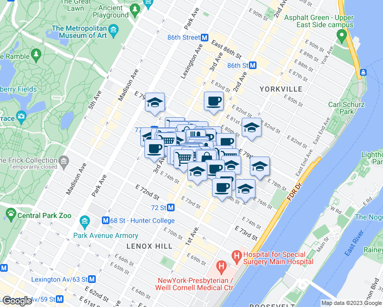 map of restaurants, bars, coffee shops, grocery stores, and more near 250 East 77th Street in New York
