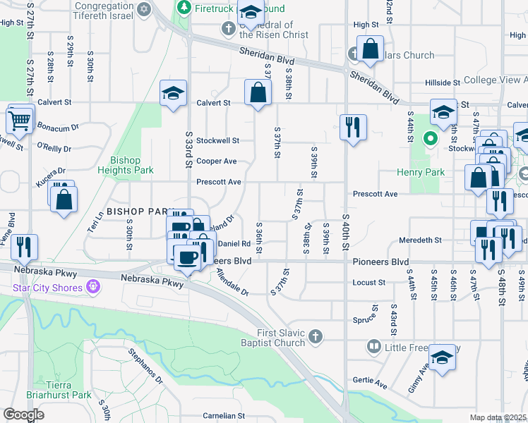 map of restaurants, bars, coffee shops, grocery stores, and more near 4201 South 36th Street in Lincoln
