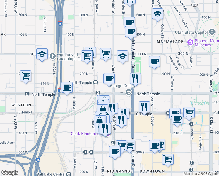map of restaurants, bars, coffee shops, grocery stores, and more near 101 North 400 West in Salt Lake City